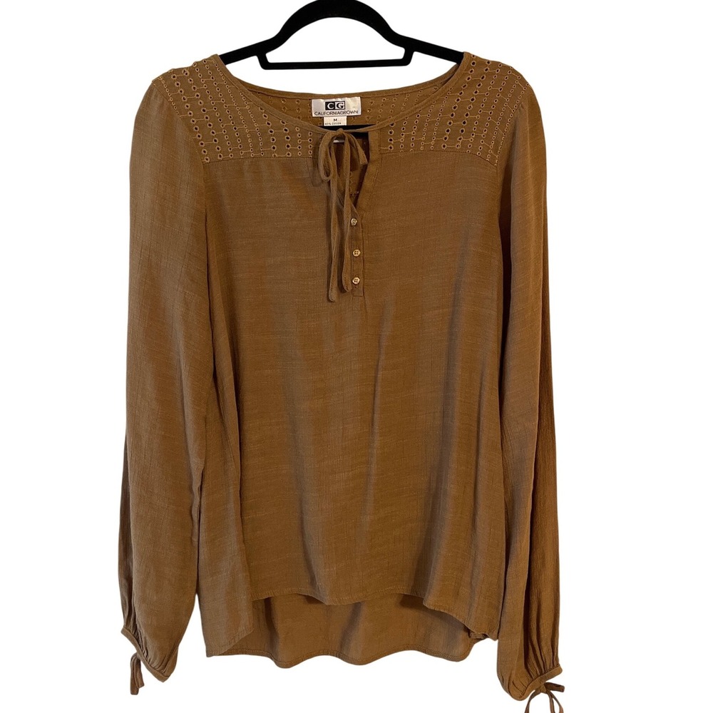 California Grown Eyelet Blouse Peasant Henley Top Brown Womens Med Y2K Cotton